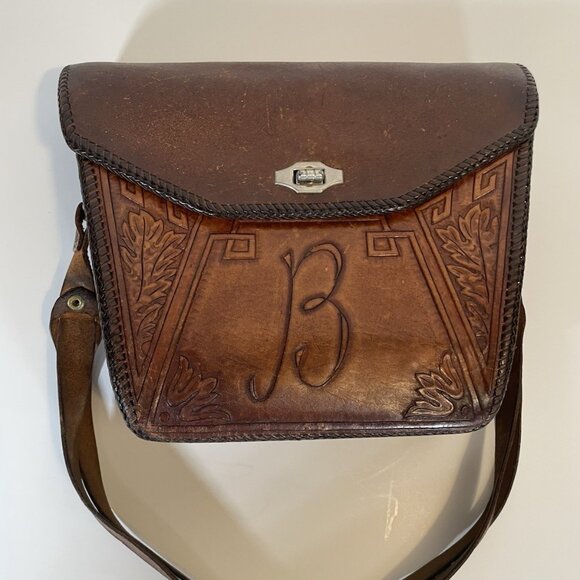 Vintage Tooled Leather Crossbody Bag Brown Boho Floral Embossed Flap Turn Lock - Picture 2 of 10